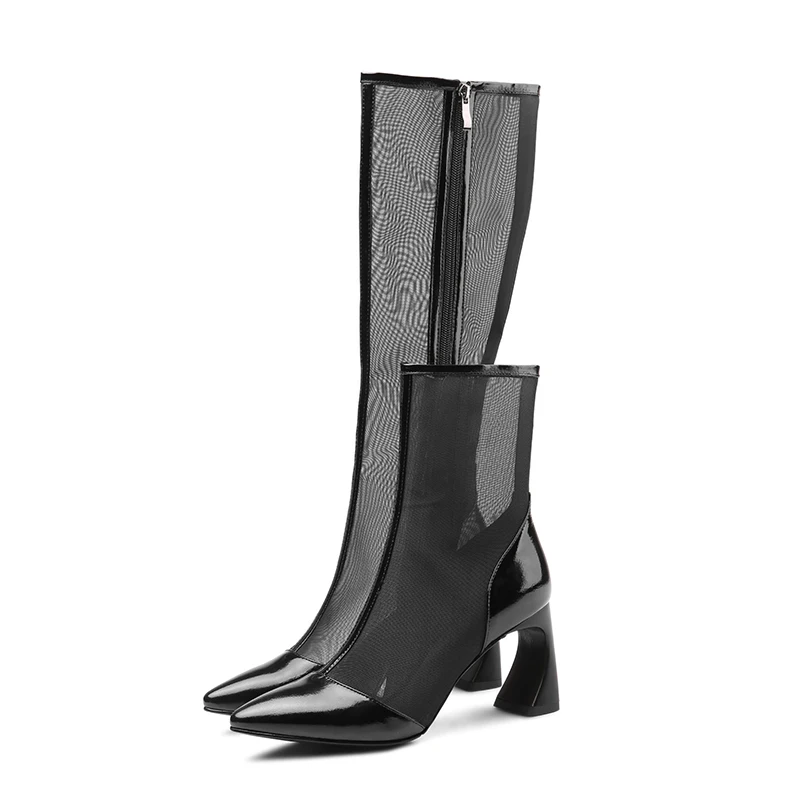 Femmes Boot Isnom Chaussures black Printemps Nouveau Talon En Insolite Bottes Mode Verni Pointu Femelle Black Maille 2019 Bout Femme Long Short Cuir wzApnzqI