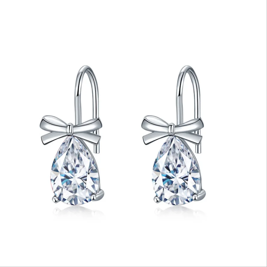 

Lovely Bowknot White Red Green Blue Black Zircon Garnet Crystal Gems 925 Sterling Silver Hoop Huggie Earring M01-ER0578