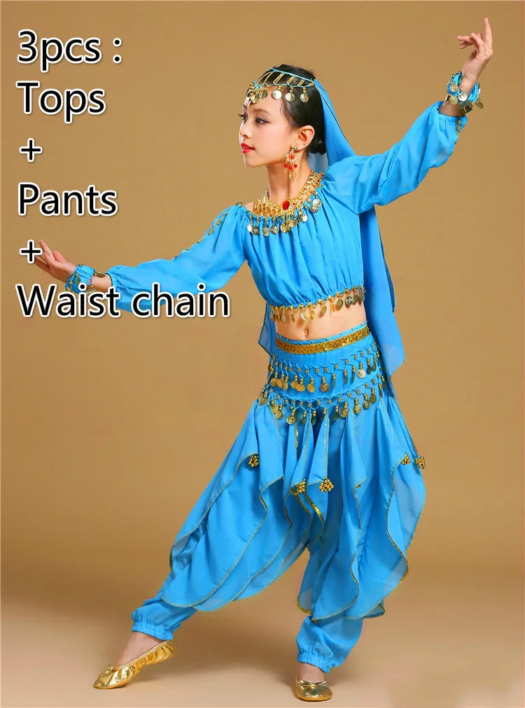 Новая детская одежда для индийских танцев платье для выступлений танец живота Национальный Болливуд танцевальные костюмы для девочек Одежда для танца живота комплект одежды - Цвет: 3pcs light blue