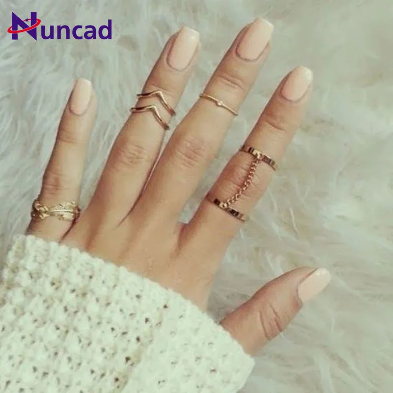 

2017 Trendy Joint Ring Leaf Ring Continuous Chain Ring V Shape A Set Ring For Women Jewelry Gift
