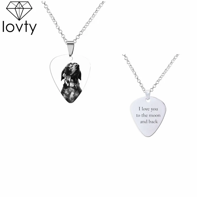 

lovty Personalized Titanium Steel Photo Pendant Necklace Guitar Pick Blank Dog Tag Engrave Names Necklace Valentine's Day Gift
