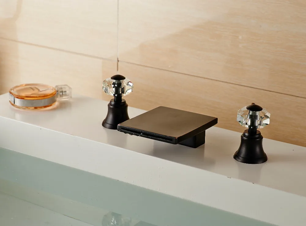 

New Deck Mounted Oil Rubbed Bronze Basin Faucet Dual Crystal Handles Sink Mixer