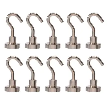 

10pcs Magnetic Hooks Powerful Hook Magnet Holder 10kg Suction Wall Hook Holder Support Hardware Magnetic Tool Silver