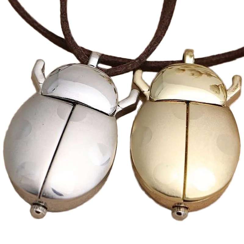 

Fashion Ladybird Beetle Pocket Watch Necklace for Women Girl Long Leather Chain Retro Punk Small Animal Fob Watches Necklaces JL