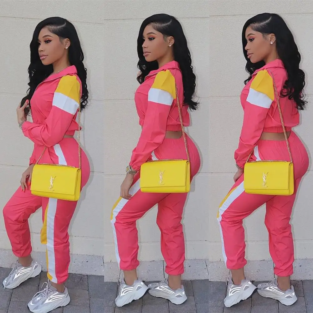 

2019 new spot ebay Amazon hot multicolor stitching two-color casual slim two-piece suit LZ-509# zip up turtle neck ladies set