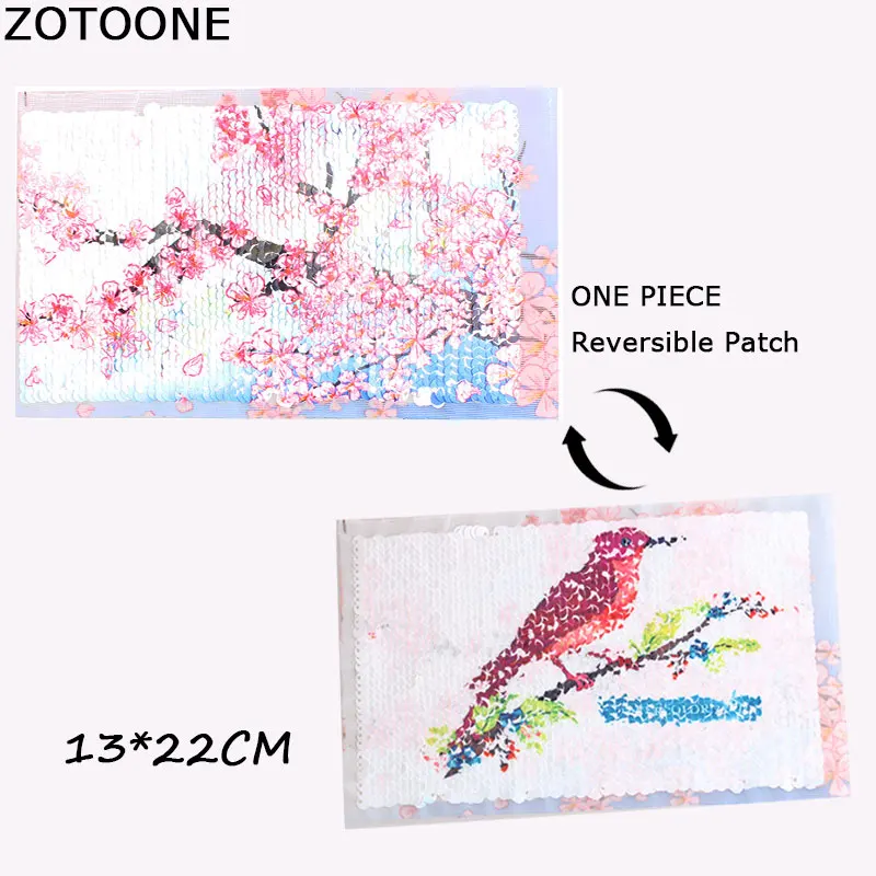 

ZOTOONE Beautiful Sakura Bird Sequin Patch Reversible Change Color Sequins Sew on Patches for Clothes DIY Applique Bag Clothing