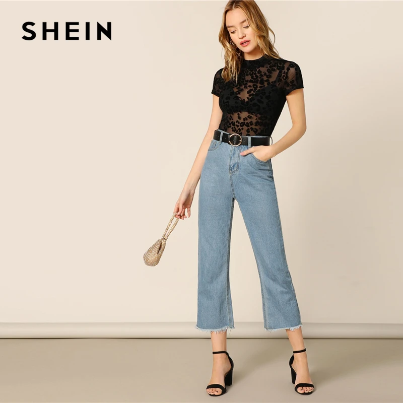 SHEIN черная леопардовая сетчатая Прозрачная Футболка без бюстгальтера, облегающая футболка с коротким рукавом, Женская эластичная Летняя Сексуальная футболка со стоячим воротником