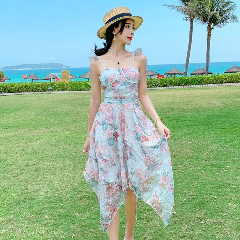 

women embroidery print apaghetti strap dress slashneck sleeveless Slash Irregular Leak back slim dress mujer vestidos DR131