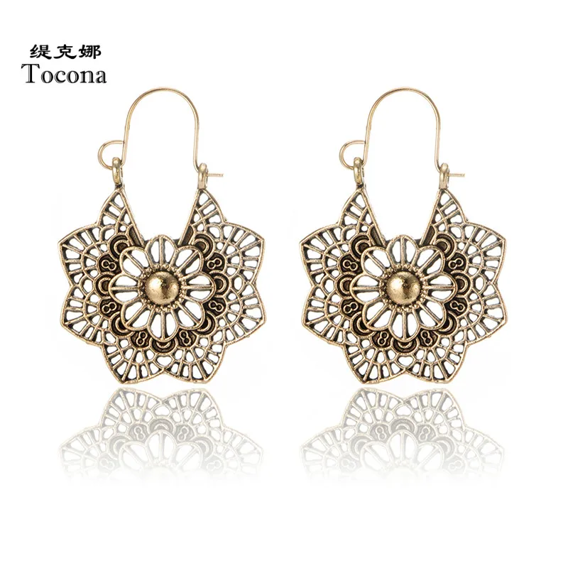 

Tocona Hot Selling New Fashion Vintage Rosegold Color Earrings Beautiful Flowers Hollow Desgin Pendant Jewelry For Women 3416