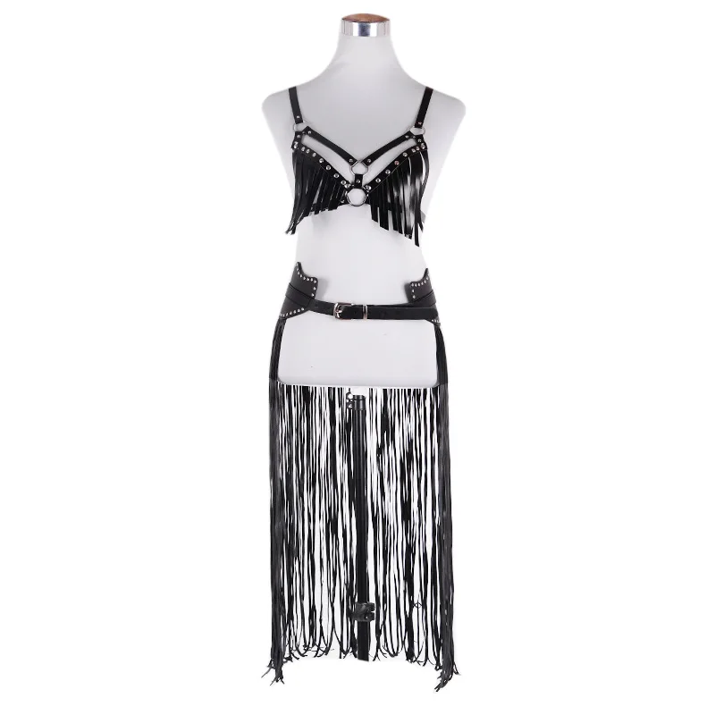 

Fashion Women Punk Black Nightclub Suit Set Fringe Bra PU Leather Short Top & Long Tassel Skirt Studded Lady Leather Belt Skirt