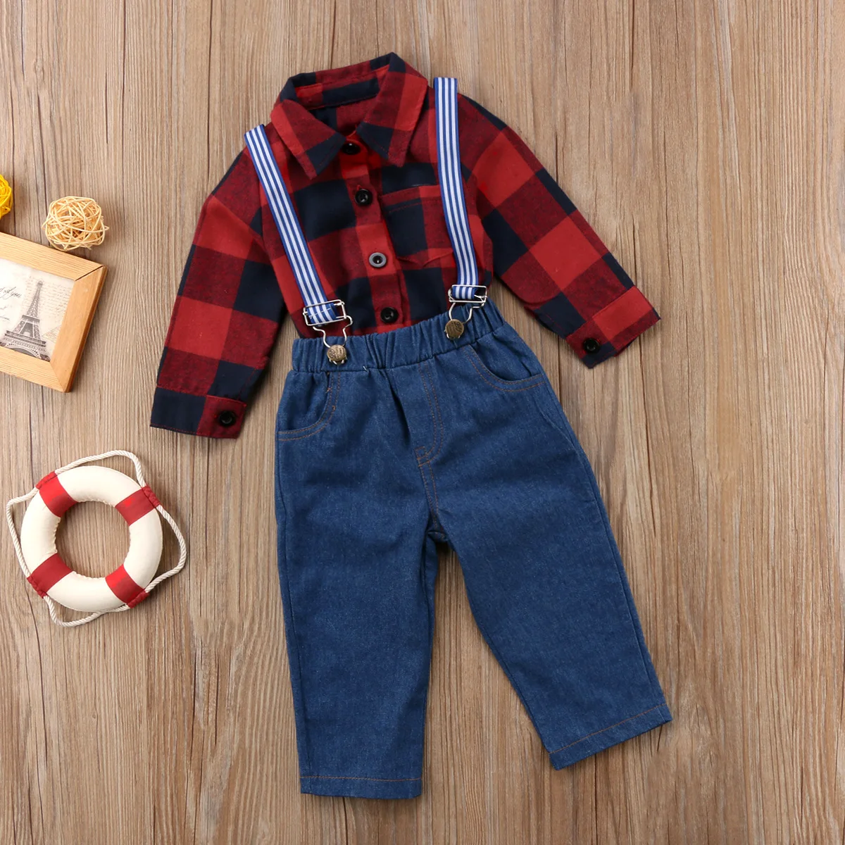 Комплект одежды для новорожденных мальчиков; плед рубашки блузки с длинными рукавами+ джинсовые комбинезоны; комплект из 2 предметов