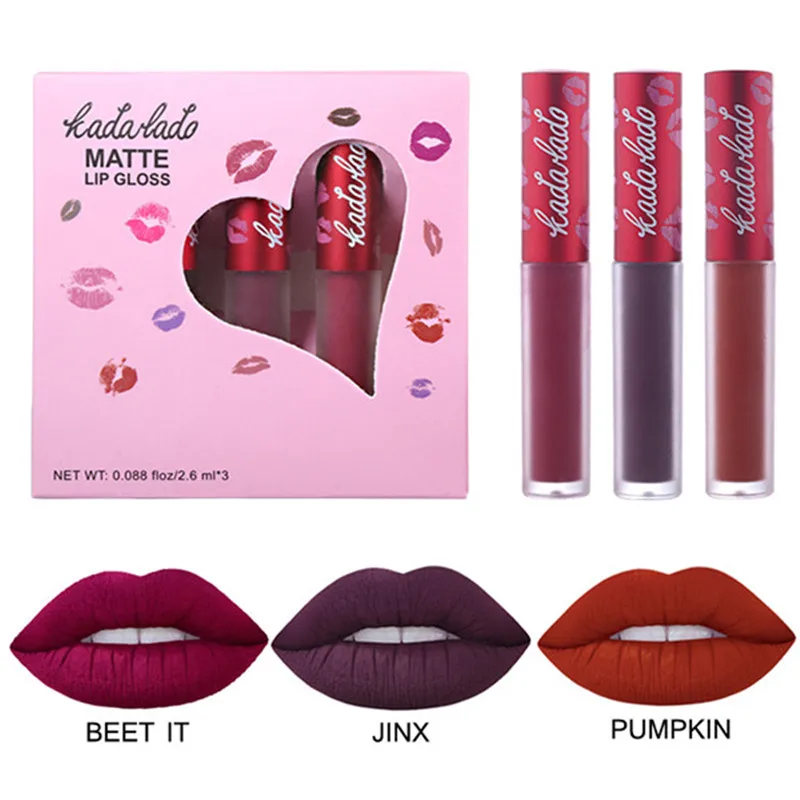 

KADALADO Brand Makeup 3pcs/set Matte Liquid Lipstick Set Waterproof Red Velvet Lip Gloss Long Lasting Nude Lip Tint Cosmetics