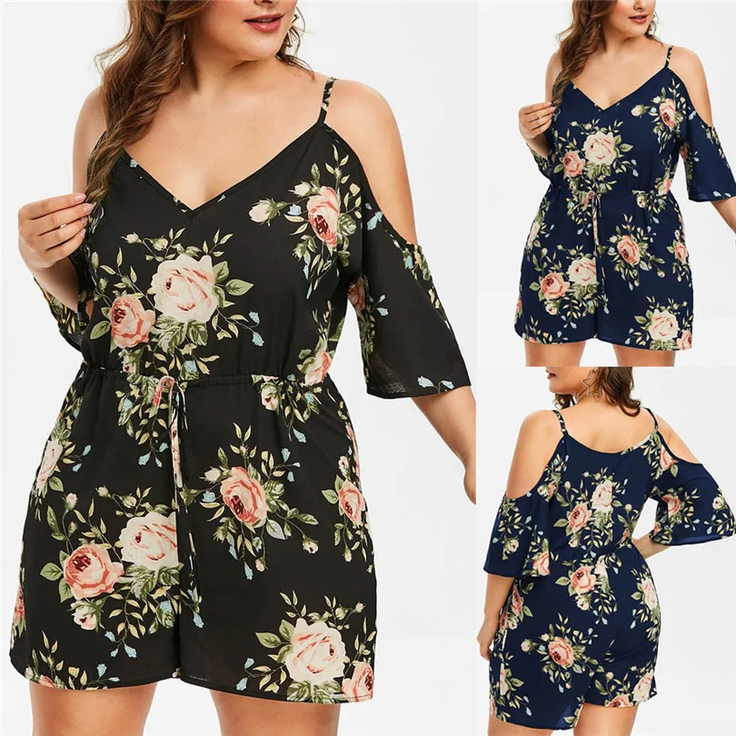  Womens Plus Size Bohemian Floral Casual Playsuits New 2019 Fashion Sexy Cold Shoulder Jumpsuit Bodysuit V-Neck Romper #E11 (1)