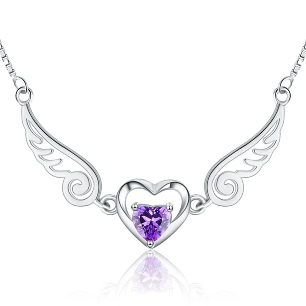 

Angel Wings Necklace Pure Silver 925 Jewelry Romantic Purple Crystal Heart Necklaces For Women Sterling-Silver-Jewelry Necklace