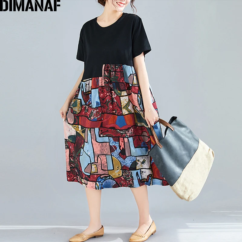 

DIMANAF Plus Size Women Dress Summer Linen Vintage Female Lady Vestidos Loose Spliced Black Print Dresses Sundress Clothing 2019