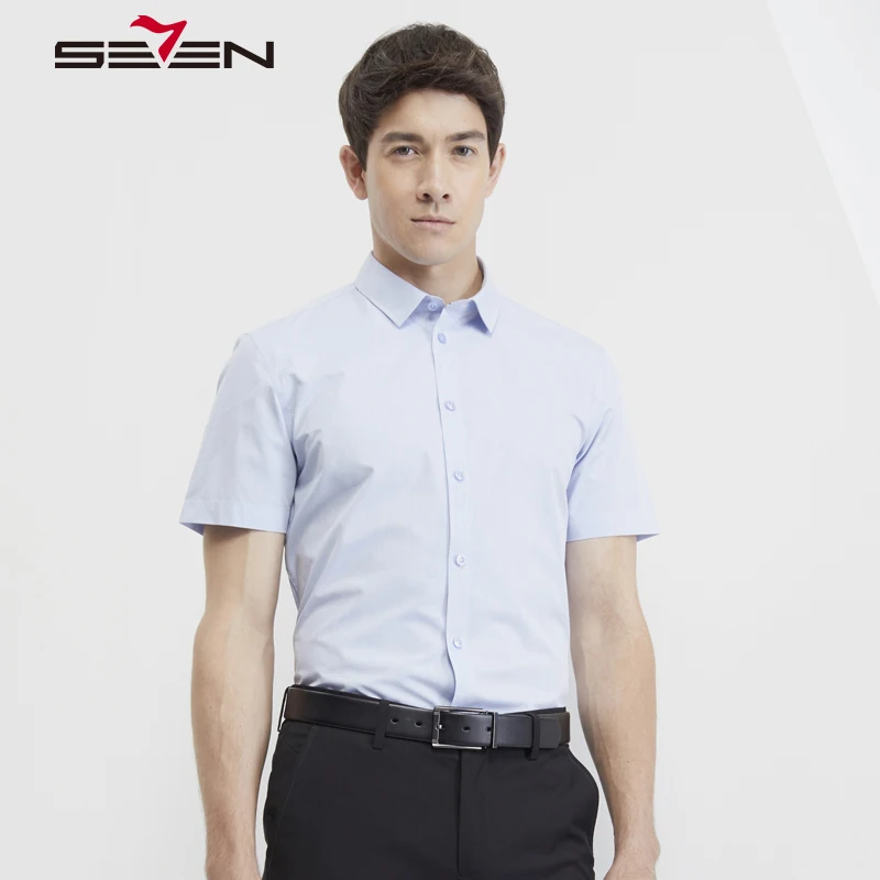 Seven7 брендовая Летняя мужская одежда рубашки для мальчиков хлопок Slim Fit Винтаж бизнес официального стиля с коротким рукавом Брендовые однотонные мужские соц