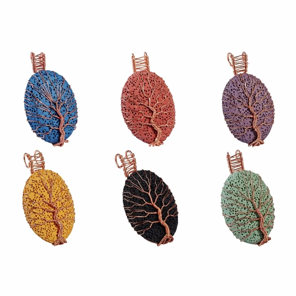 

TUMBEELLUWA Healing Chakra Oval Lava Rock Stone Tree of Life Pendant Handmade Copper Wire Wrapped Jewelry