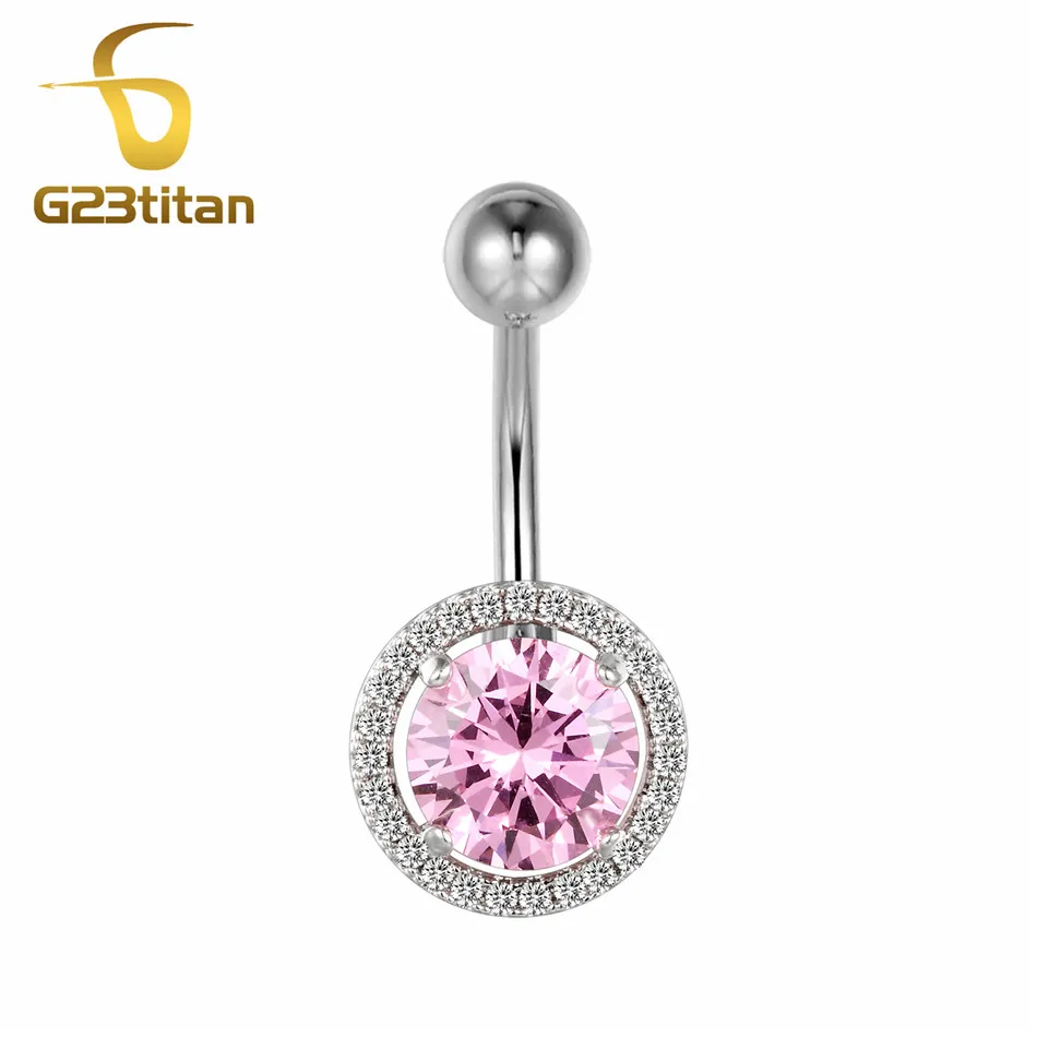 G23titan Women Belly Button Rings Body Piercing Jewelry Big Pink Crystal Navel Piercing Ring