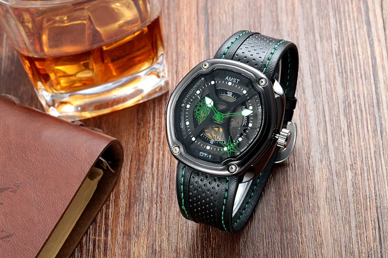  2019 AMST Brand Quartz Watch for men fashion black leather strap sports watches casual luminous wat