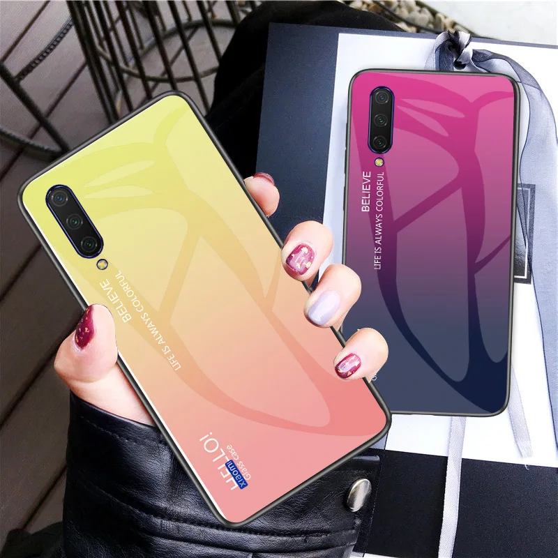 

For Xiaomi Mi CC9 Case Luxury Hard Tempered Glass Gradient Protective Back Cover case For xiaomi mi cc9e phone shell
