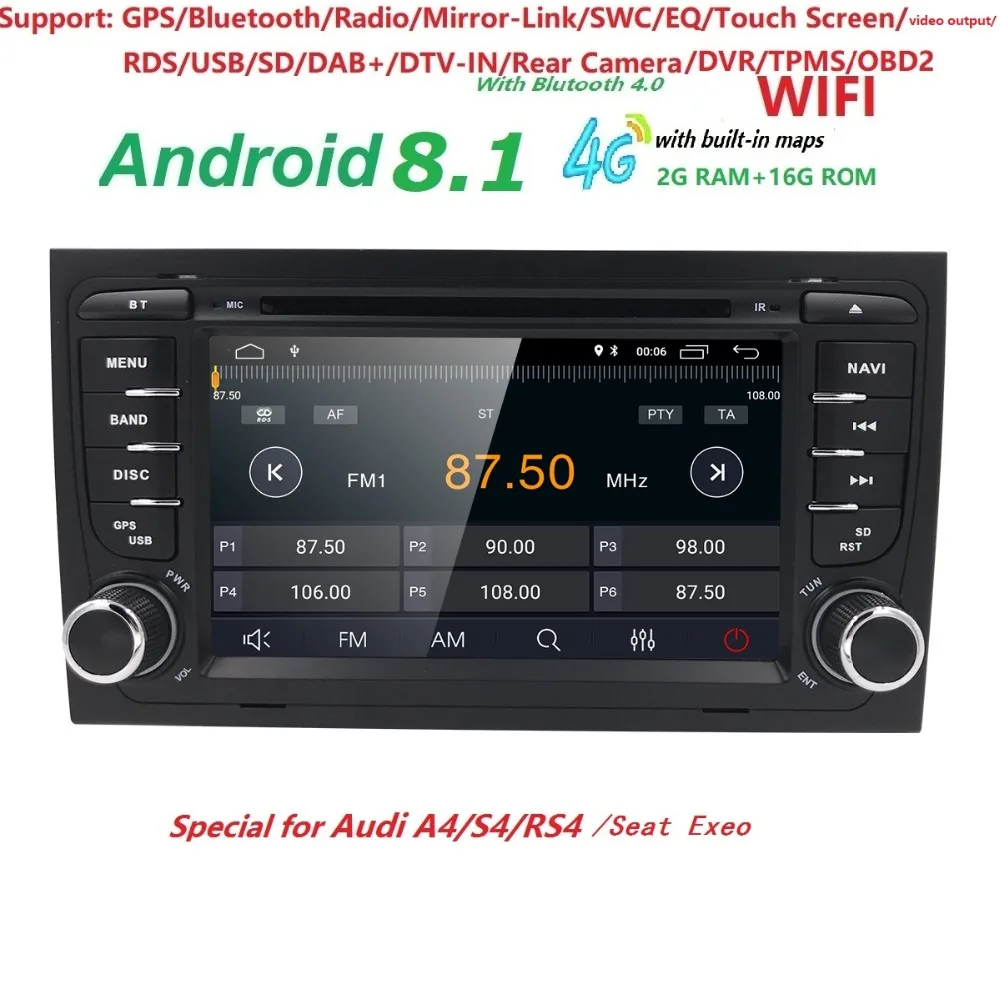 

Two Din 7Inch Android8.1 2GRAM+16GROM Car DVD Player For AUDIA4 2002-2008 Canbus Radio GPS Navigation Steering Wheel Control Map