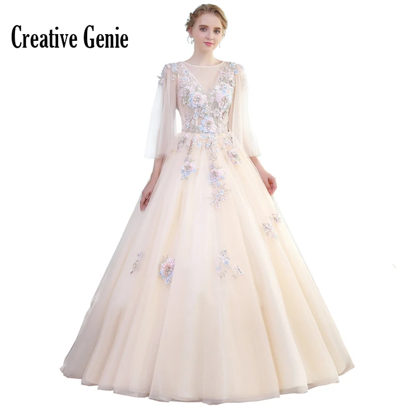 

Champagne Party Dress 2018 Vestido De Formatura Plus Size Long Prom Dresses Three Quarter Sleeve Special Occasion Dresses