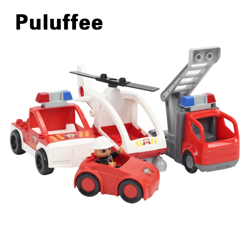 

Big Size Building Blocks Firefighting Transport Compatible With Duplo Helicopter Ladder Truck Pickup Car Train Education Toys