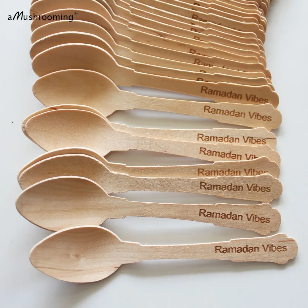 

x100 Ramadan Vibes Mini Wooden Spoons Themed Party Personalized Small Dessert Cake Spoons Disposable Wooden Cutlery Tableware