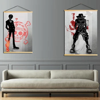 

Nordic Canvas Wall Artwork Anime One Piece Print Monkey D Luffy Pictures Simple Poster Wooden Scroll Hanging Painting Home Decor