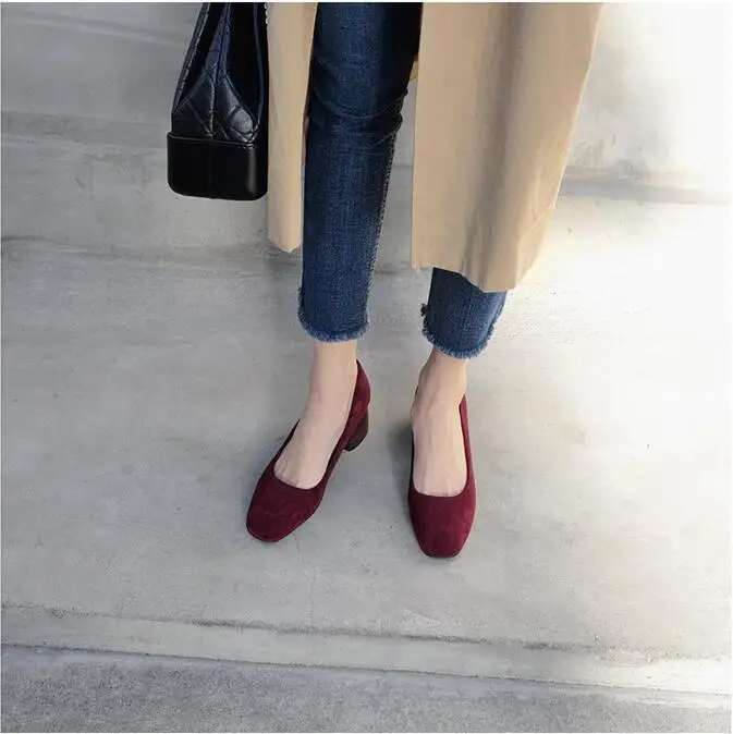 EOEODOIT/женские осенние туфли-лодочки с квадратным носком на среднем массивном каблуке; Повседневная модная обувь из флока; туфли-лодочки для офиса