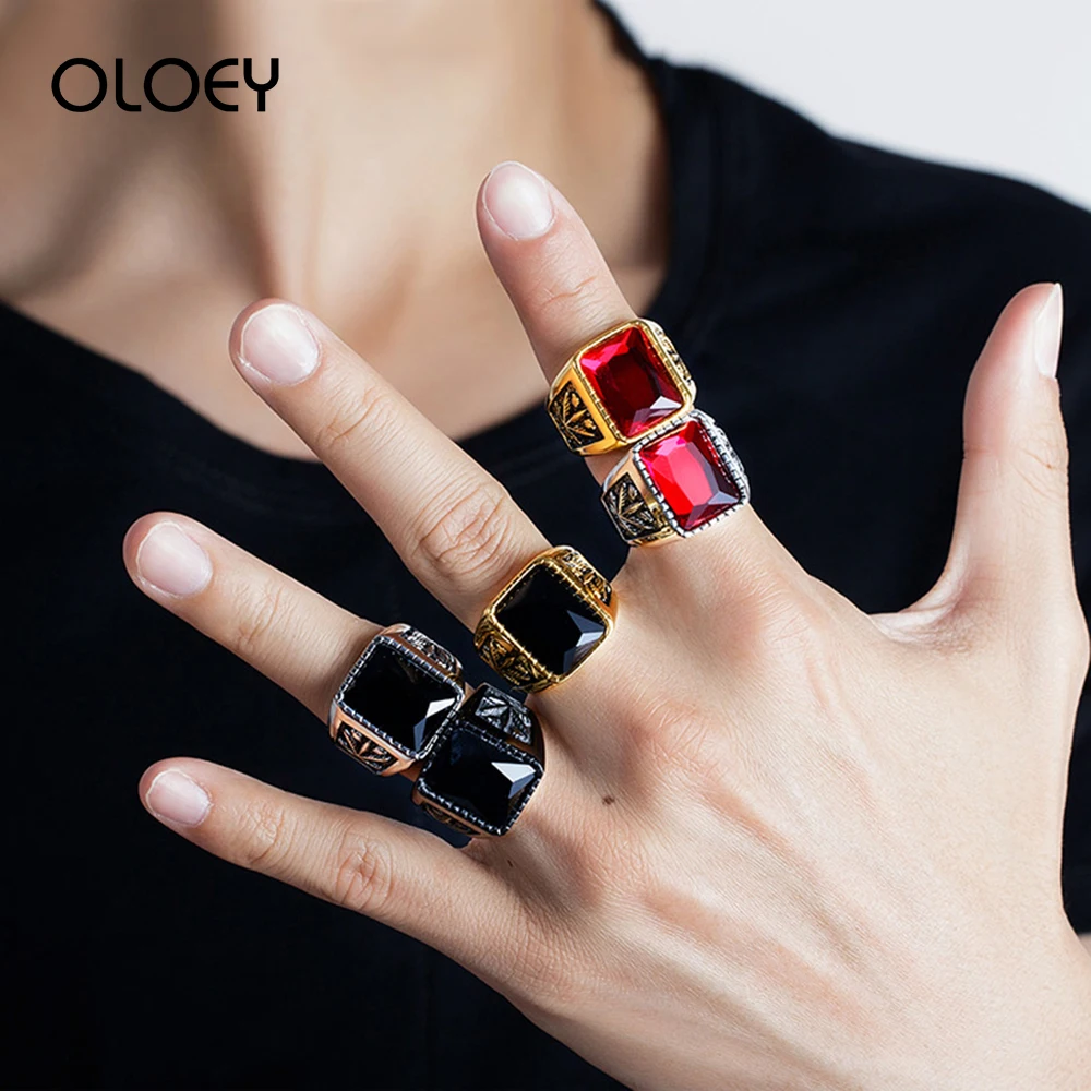 

OLOEY Fashion Retro Men Rings Punk Finger Ring Domineering Stainless Steel Men's Fingers Jewelry Red Gem Leaf Rings Male Gifts