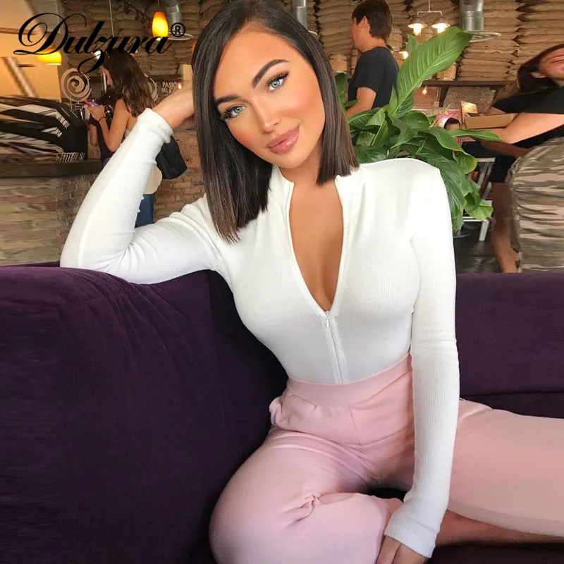Dulzura الجبهة سستة طويلة الأكمام النساء مثير ارتداءها 2018 الخريف الشتاء أسود أبيض الصلبة skniny الشارع الشهير الجسم