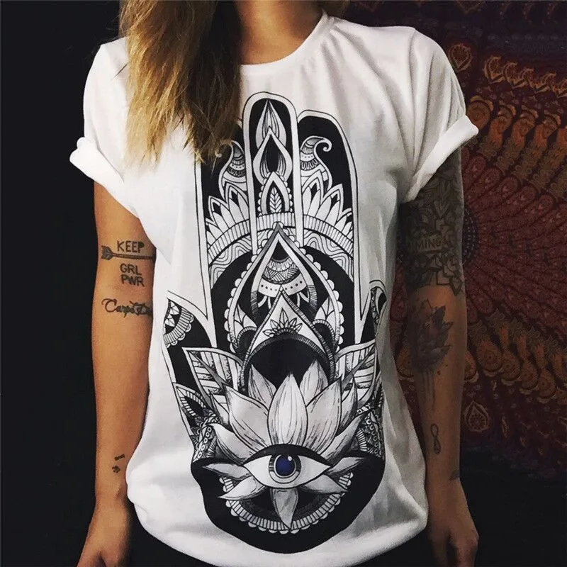 

2019 New Women T-shirts Casual Khamsah Hand Printed Tops Tee Summer Female T shirt Short Sleeve T shirt For Women Clothing