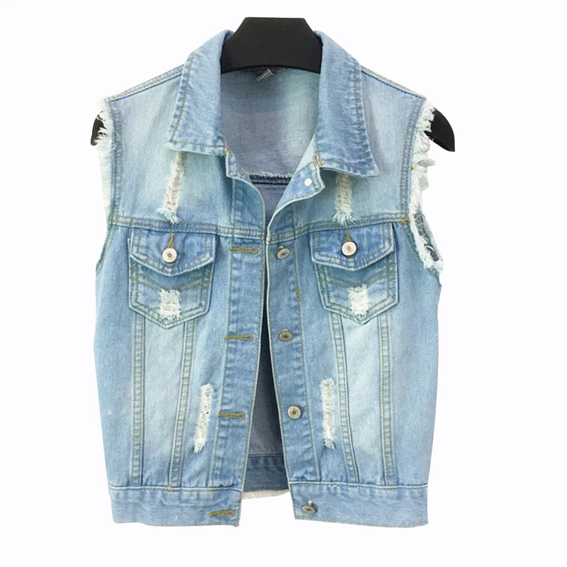 

Rlyaeiz Spring Summer Short Denim Women's Vest 2019 Fashion Casual Slim Denim Vest Frayed Basic Sleeveless Jeans Jackets Coats