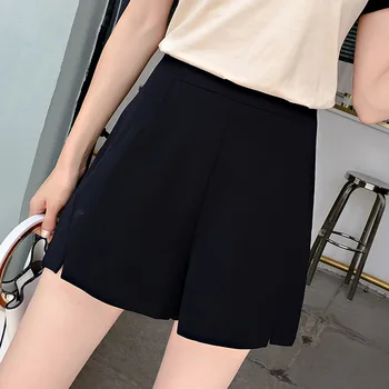 

High Waist Wide Leg A-line Women Shorts Solid Black Apricot Slit Woman Slim Korean Shorts 2020 Summer Lady Office Female Bottoms