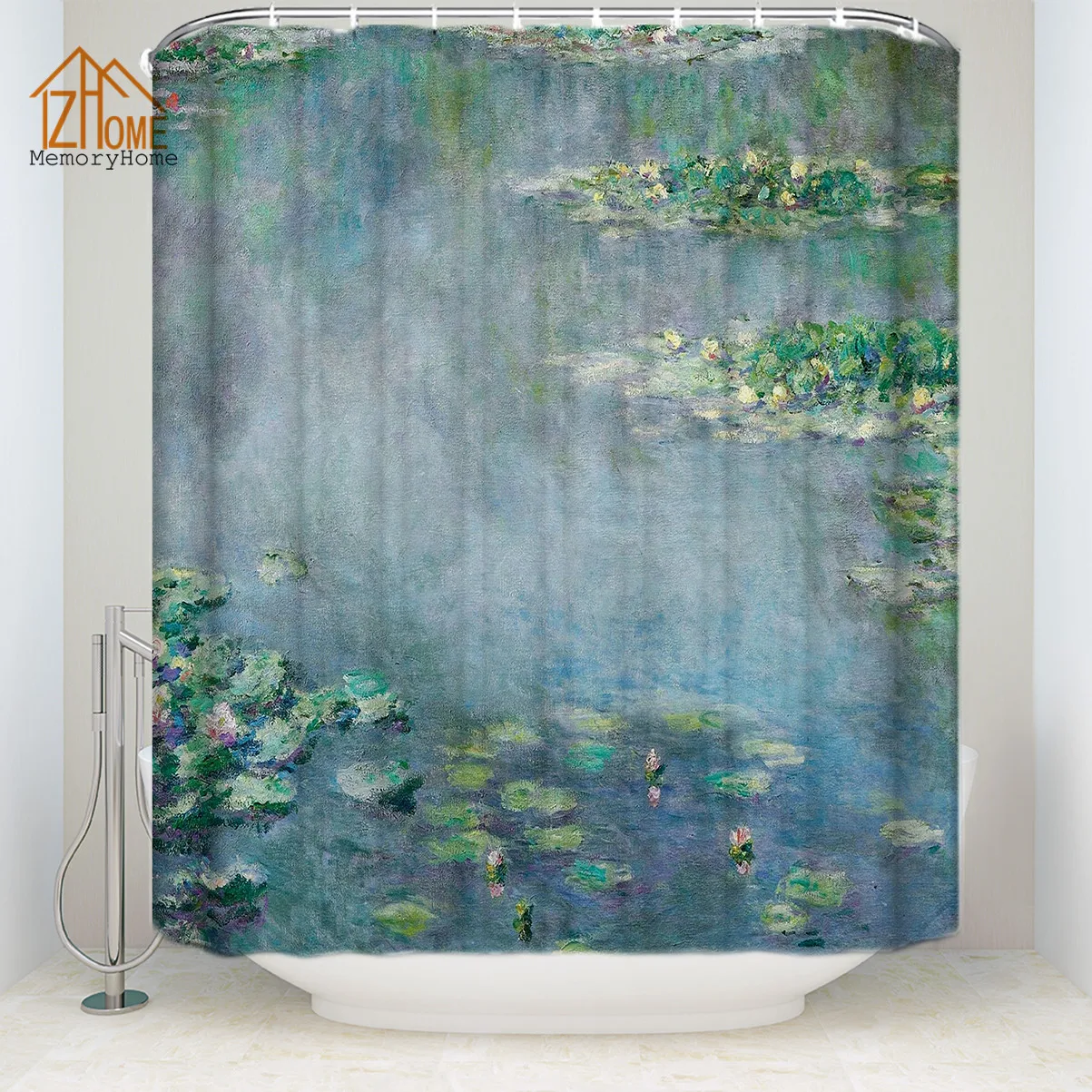 Memory Home Lotus Pond Printing Shower Curtain Waterproof Polyester