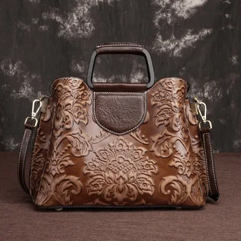 

Genuine Leather Women Messenger Shoulder Bag Tote Embossed Vintage Design Cross Body Handbag Brush Color Female Top Handle Bags