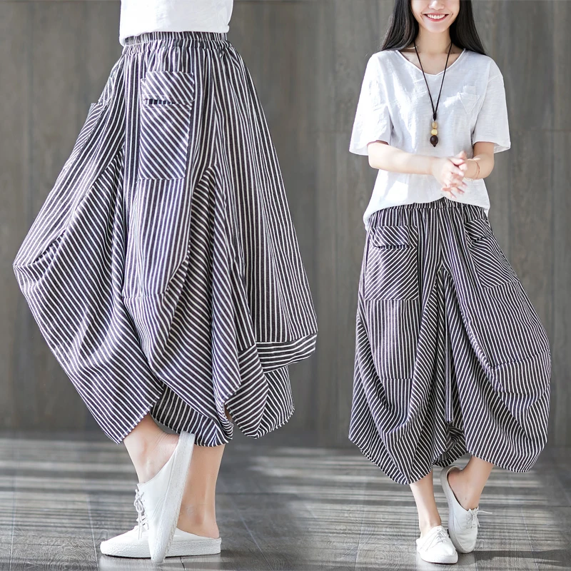 #0625 Summer White Black Striped Pants Women Vintage Casual Wide Leg Pants Female Pockets Asymmetrical Stripe Pants Ladies Thin #0625 Summer White Black Striped Pants Women Vintage Casual Wide Leg Pants Female Pockets Asymmetrical Stripe Pants Ladies Thin