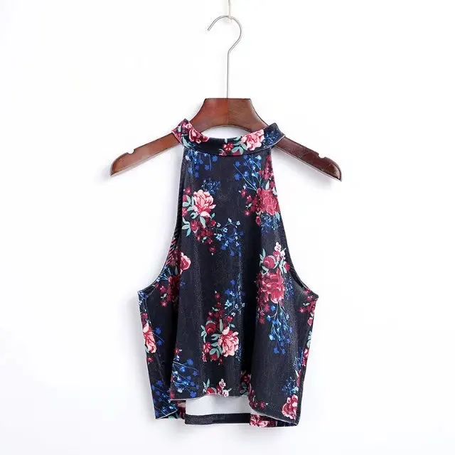 

women sexy slim short satin tank tops 2019 spring new arrival vintage casual halter crop tops floral print sleeveless camisole
