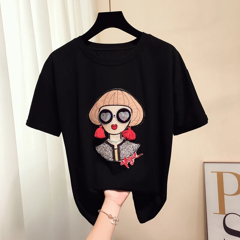 

2019 Summer women t shirt Short sleeve sequined girl tassel cotton tshirt tops