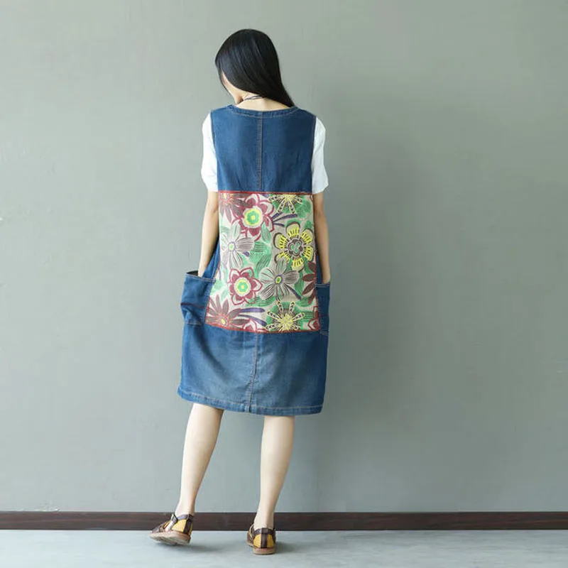 2017 Spring Autumn Women Casual Denim Back Floral Print Long Vests