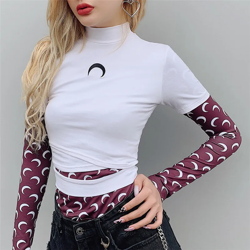 Женская готическая футболка Witch Moon хлопковая короткая с вышивкой в виде