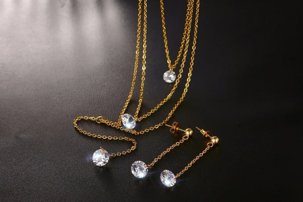 Meaeguet, многослойное CZ длинное ожерелье, ювелирные наборы для женщин, нержавеющая сталь, Бар CZ, серьги-капли+ цепочка, ожерелье, ювелирный набор