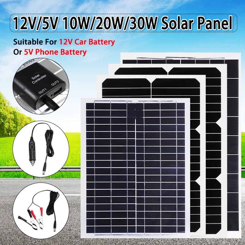 

Solar Panel Plate 12V/5V 30W 20W 10W Flexible Solar Charger For Car Battery 12V 5V Phone Battery Sunpower Chip Panel Module Kit