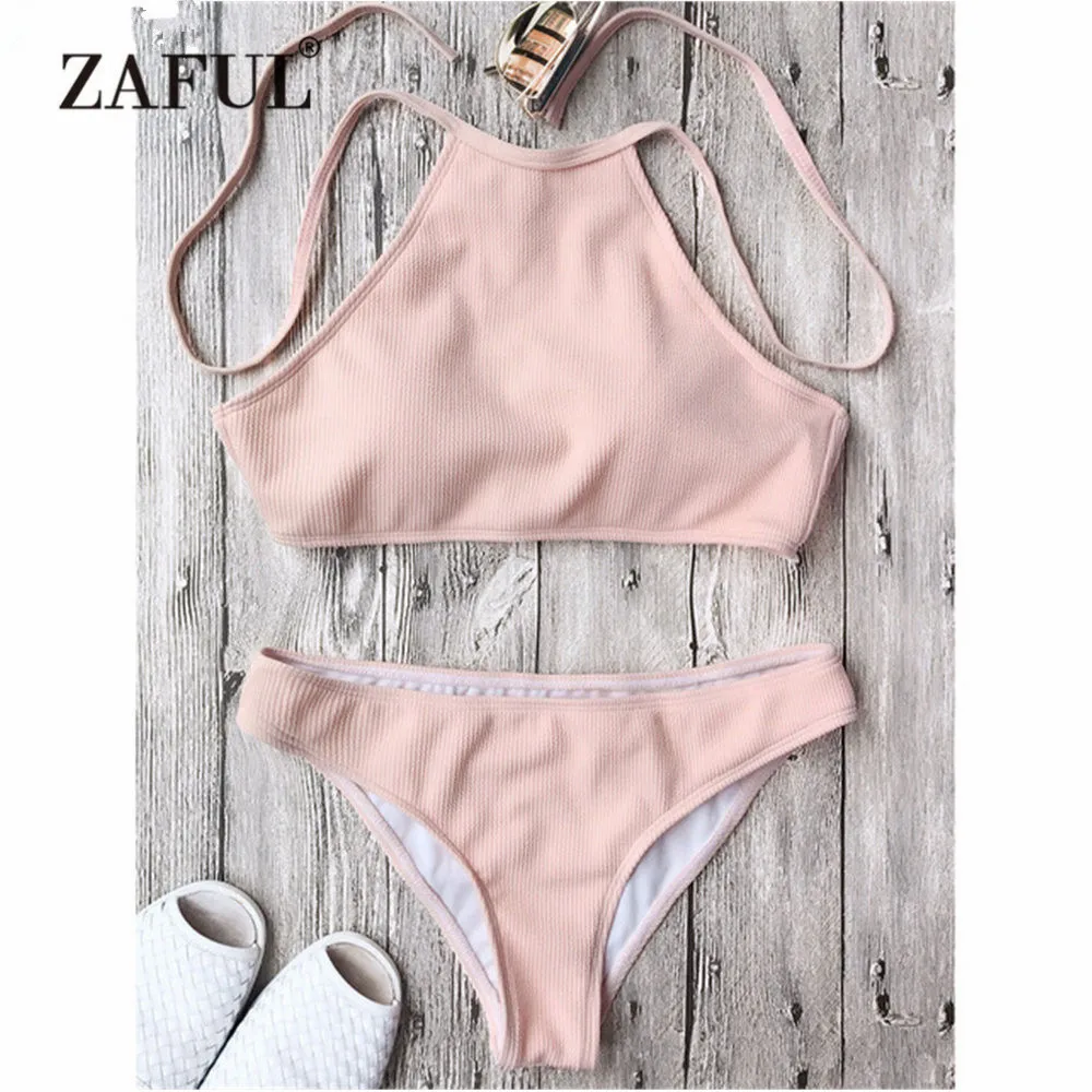  ZAFUL 2018 Women New Rib Textured High Neck Bikini Set Low Waisted Solid High Neck Swimsuit Women S