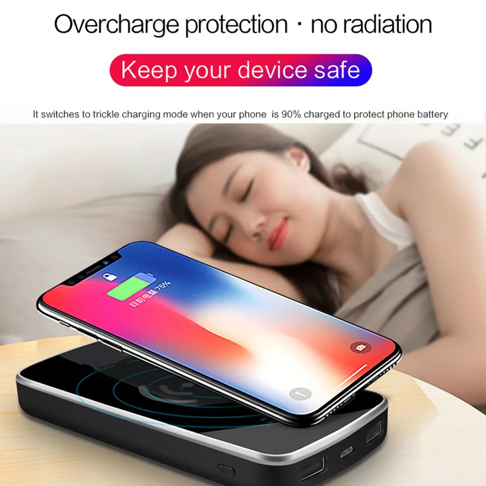 Qi Беспроводное зарядное устройство 2 USB Power Bank 30000mAh Портативное быстрое для iPhone 8 X