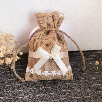 

100pcs/lot New Fashion Lace Favor Bags , Rustic Wedding / christmas gift Bow burlap bags ,Simple bow Burlap Wedding Candy Bags