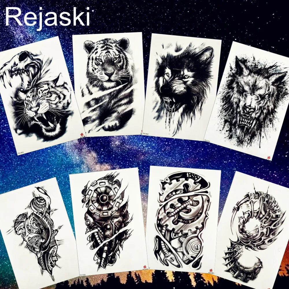 

REJASKI Robotic Arm Mechanical Wolf Tiger Temporary Tattoo Sticker Waterproof Fake Tatoos Body Art Black Tatoo Men Totem