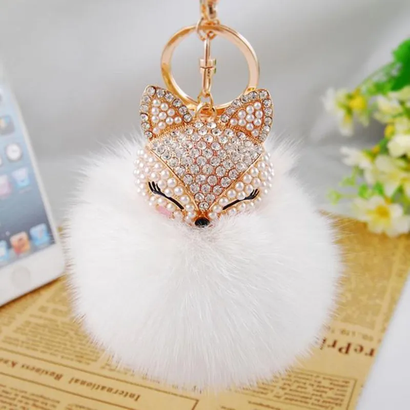 

2019 Fashion Trinkets Artificial Rabbit Fur Ball Keychain Ball PomPom Fox Inlay Rhinestone Car Key Chain Handbag Key Rings Gifts