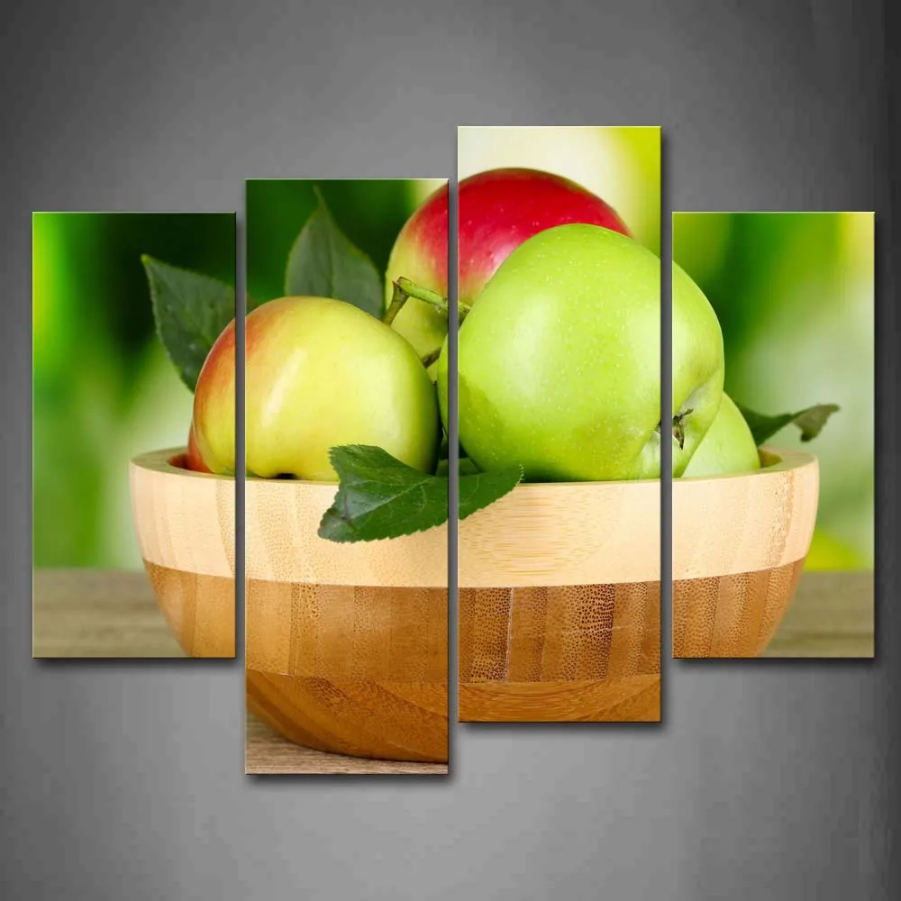 

Framed Wall Art Pictures Apples Leaves Bowl Canvas Print Food Modern Poster With Wooden Frame For Home Living Room Decor